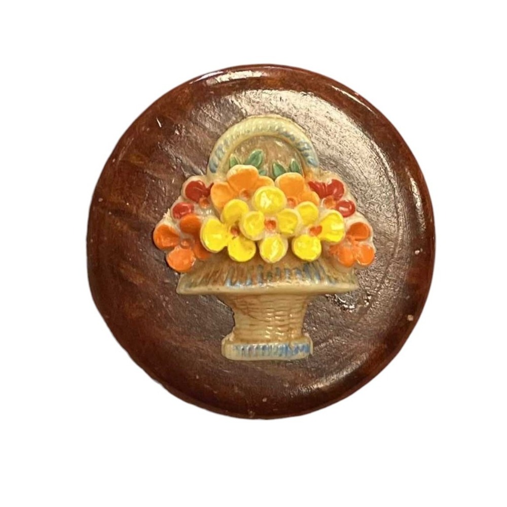 Carved Wood Flower Basket Cameo Circle Clip On Button